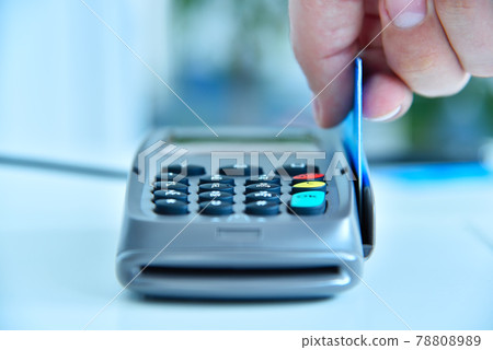Close up of pay money blue credit card 78808989