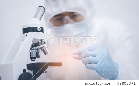 biochemical research scientist working with microscope for coronavirus, laboratory glassware containing chemical liquid for design or decorate science, chemistry, biology, medicine and people concept biochemical research scientist working with microscope for coronavirus, laboratory glassware containing chemical liquid for design or decorate science, chemistry, biology, medicine and people concept 78809371
