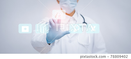Close Up doctor or scientist in uniform wearing face mask with a stethoscope Touch medical icon graph on the white background, Healthcare And Medical concept,medicine and people. Close Up doctor or scientist in uniform wearing face mask with a stethoscope Touch medical icon graph on the white background, Healthcare And Medical concept,medicine and people. 78809402