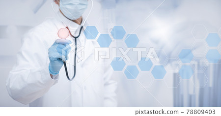 Health care and medical services concept, Doctor medicine with stethoscope in a hospital touching icon network connection with modern virtual screen interface, medical technology network concept. Health care and medical services concept, Doctor medicine with stethoscope in a hospital touching icon network connection with modern virtual screen interface, medical technology network concept. 78809403