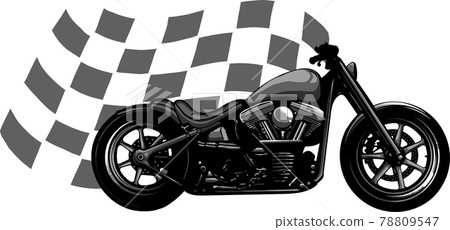 Old vintage black bobber bike with race flag 78809547