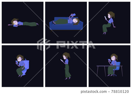 一組在黑暗中使用智能手機的休閒時尚女性 一組在黑暗中使用智能手機的休閒時尚女性 78810120