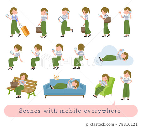 A set of casual fashion women who use smartphones in various scenes A set of casual fashion women who use smartphones in various scenes 78810121