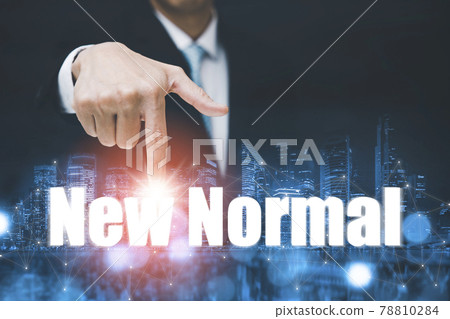 New normal include business concept, Businessman touching new normal wording with icon such as online shopping, work from home, Communication and marketing concept, HR Human, Business success. 78810284