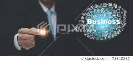 Businessman catch the line of icons on balloon the graph Screen Icon of a media screen, Technology Process System Business with Communication and marketing concept, intellectual communication. 78810285