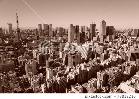 Tokyo 2020 scenery, observatory, bird's-eye view, distant view, daytime, clear blue sky, sepia 78812216