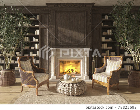 Scandinavian farmhouse style living room interior book library with fireplace. Mock up. 3d render illustration. Scandinavian farmhouse style living room interior book library with fireplace. Mock up. 3d render illustration. 78823692