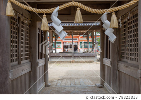 從以繡球花神社聞名的兵庫縣明石市東播磨市住吉神社的櫻花門眺望本宮。 78823818