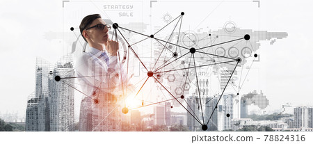 Concept of business success and control with confident boss against cityscape background 78824316