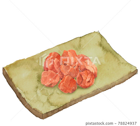 Umeboshi on a square plate [Hand-painted watercolor] White background 78824937