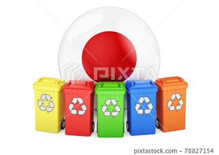 Waste recycling in Japan. Colored recycling bins with Japanese flag, 3D rendering 78827154
