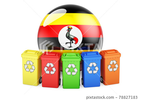 Waste recycling in Uganda. Colored recycling bins with Ugandan flag, 3D rendering 78827183