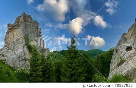 famous Ukrainian medieval cliff-side Tustan fortress ruins 78827935