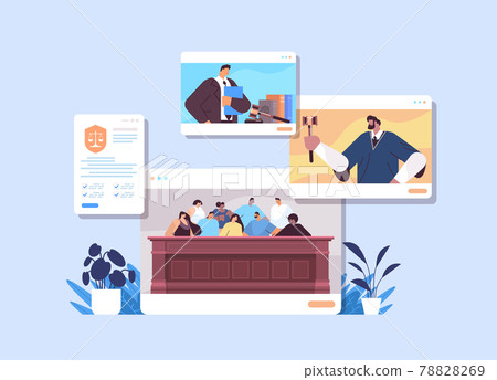 law process with judge jury suspect and lawyer or attorney in web browser windows online court session concept 78828269