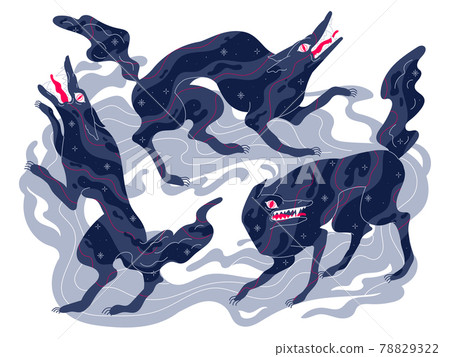 Scary wolves, vicious aggressive beast, dark fairy tale mystical character. 78829322