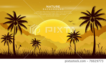 Nature landscape vector background. Landscape with mountains and sunrise. Mountainous terrain with coconut tree. Minimalist hand drawn vector style. Vector illustration 78829773