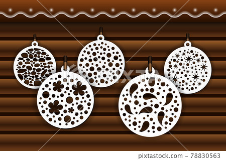 Laser cut balls for Christmas background. Decorative elements  for diy craft, New Year and Christmas decor. Paper art, wood or metal cutting, fretwork. Vector illustration 78830563