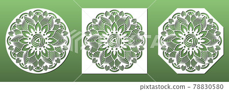 Laser cut coasters ornate with mandala floral pattern. Set of CNC cutting stencils for home decor, wall art, paper art, diy craft. Vector illustration 78830580