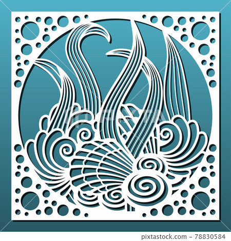 Laser cut panel with underwater design. Wall art, home decor, room divider or screen, decorative tile. CNC cutting stencil. Sea shells and plants pattern. Vector illustration 78830584