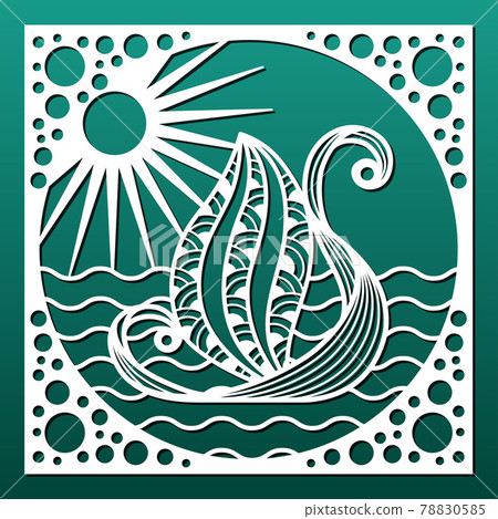 Laser cut panel. Cnc cutting stencil for home decor, wall hanging, paper art, decorative tile. Sea waves and boat. Vector illustration Laser cut panel. Cnc cutting stencil for home decor, wall hanging, paper art, decorative tile. Sea waves and boat. Vector illustration 78830585