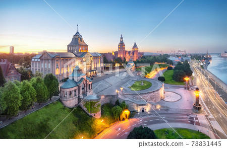 Szczecin, Poland. Aerial view of historic buildings on the bank of Oder river Szczecin, Poland. Aerial view of historic buildings on the bank of Oder river 78831445