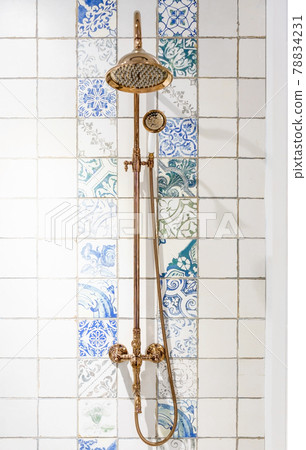 Interior of modern shower head in bathroom at home.Modern design of bathroom. Interior of modern shower head in bathroom at home.Modern design of bathroom. 78834231