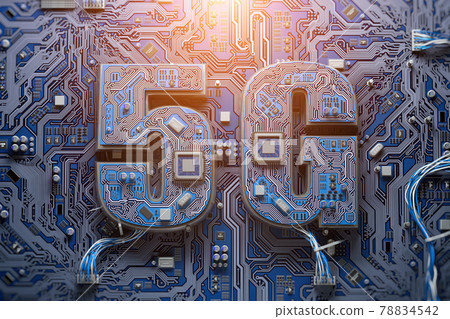 5G technology development, semiconductor productivity growth concept backgound. 5G chip on computer matherboard. 78834542