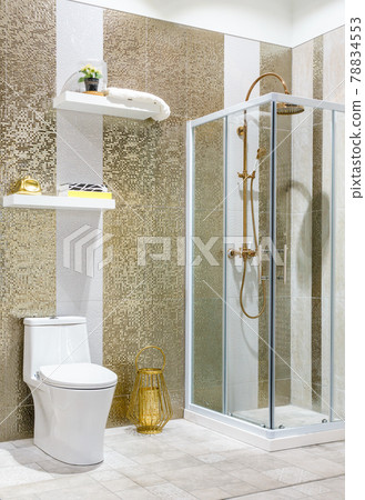 Spacious and bright modern bathroom interior with white walls, a shower cabin with glass wall, a toilet and faucet sink Spacious and bright modern bathroom interior with white walls, a shower cabin with glass wall, a toilet and faucet sink 78834553