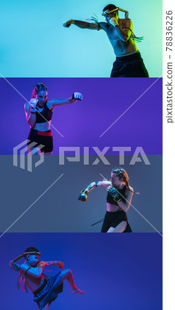 Men against women. Young MMA fighters practicing isolated over blue purple background in neon light. Flyer 78836226