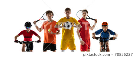 Multi sport collage. Football, tennis male players and cyclists, sportsmen isolated on white background. Flyer Multi sport collage. Football, tennis male players and cyclists, sportsmen isolated on white background. Flyer 78836227