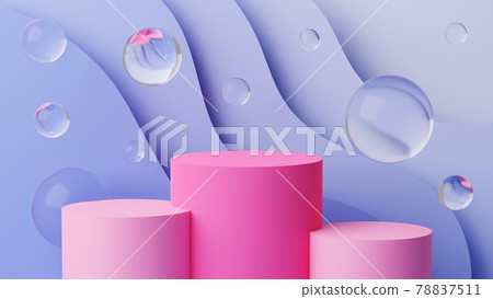 Three cylinders surround by floating spheres. 3D illustration. 78837511