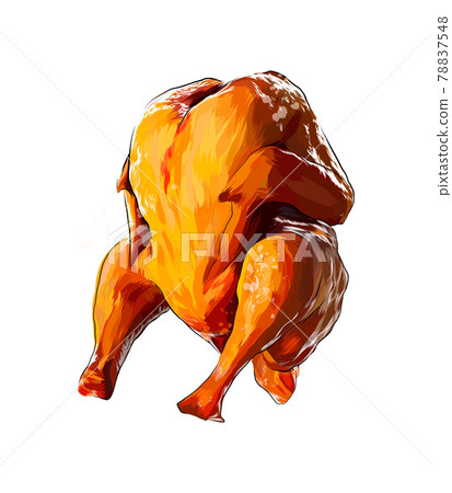 Fried whole chicken from a splash of watercolor, colored drawing, realistic 78837548