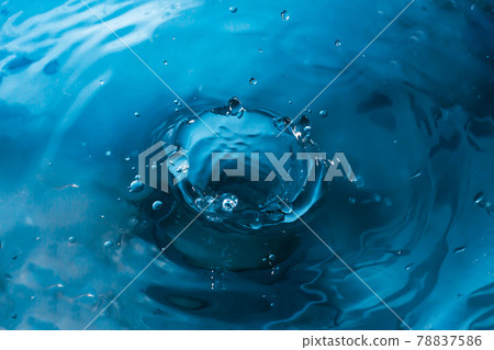 Drop of water. Blue water drop. Falling water. Water splash close-up. Rain close up 78837586
