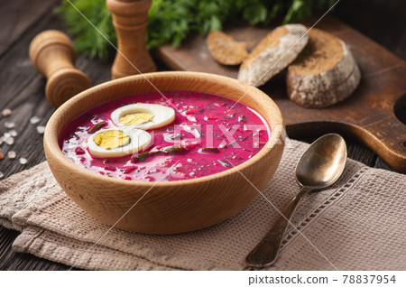 Beetroot cold soup with yogurt and eggs. Beetroot cold soup with yogurt and eggs. 78837954