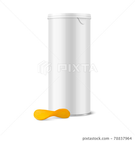 Vector 3d Realistic Blank White Metal Tin Can, Canned Food, Potato Chips Packaging with Lid and Realistic Textured Chips Isolated On White. Design Template, Mockup. Front View 78837964