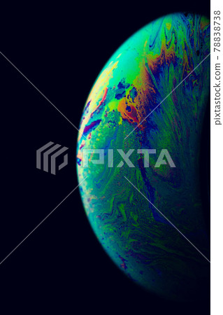 Globe light. Abstract galaxy background with planet earth in universe space with sunlight on dark background. Fantastic structure of colorful bubbles. 78838738