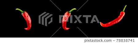 Red jalapeno set. Spicy chile cayenne pepper isolated. Red hot chili paprika collection on black background. Fresh spice vegetable concept. 78838741