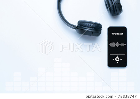Podcast icon. Audio equipment with microphone, sound headphones, podcast application on mobile smartphone screen. Radio recording sound voice on white background. Broadcast media music concept. 78838747