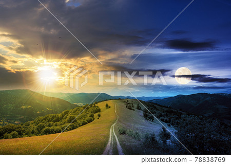 day and night time change concept above road through meadow in mountains. beautiful rural landscape of carpathians with sun and moon. wonderful summer weather with fluffy clouds on the sky 78838769