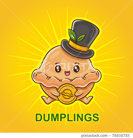 Funny dumplings in hat. Pelmeni or ravioli cartoon food character with coin. Delicious cooked dish. Dough filled meat, vegetable. Vegetarian steamed food. Cooking menu. Packaging product vector sign 78838785