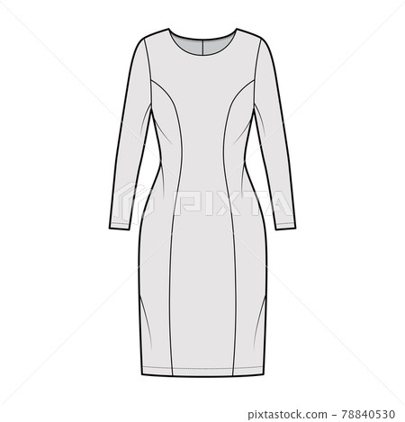 Dress princess line technical fashion illustration with long sleeve, fitted body, knee length pencil skirt. Flat apparel Dress princess line technical fashion illustration with long sleeve, fitted body, knee length pencil skirt. Flat apparel 78840530