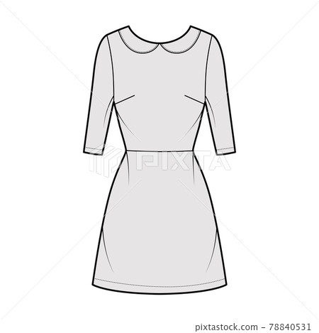 Dress A-line technical fashion illustration with elbow sleeves, peter pan collar, fitted body, above-the-knee length Dress A-line technical fashion illustration with elbow sleeves, peter pan collar, fitted body, above-the-knee length 78840531