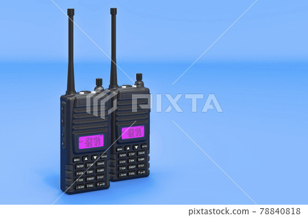 Portable radios walkie-talkie on blue backdrop, 3D rendering Portable radios walkie-talkie on blue backdrop, 3D rendering 78840818