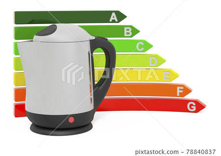 Electric kettle with energy efficiency chart, 3D rendering 78840837