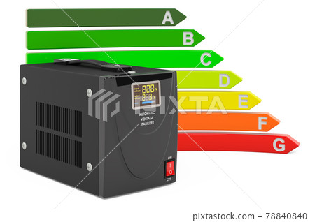 Voltage stabilizer with energy efficiency chart, 3D rendering Voltage stabilizer with energy efficiency chart, 3D rendering 78840840