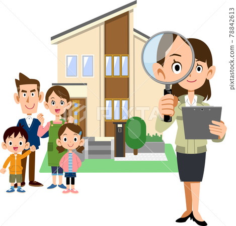 A woman and a house in a construction shop with a family, a magnifying glass and documents A woman and a house in a construction shop with a family, a magnifying glass and documents 78842613