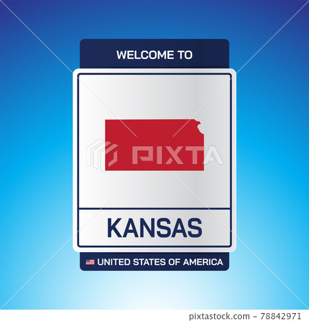 The Sign United states of America with  message, Kansas and map on Blue Background vector art image illustration. 78842971