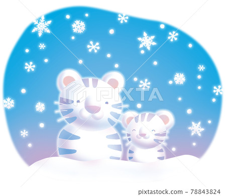 老虎新年賀卡插圖雪背景和老虎父母和孩子托拉雪人 78843824