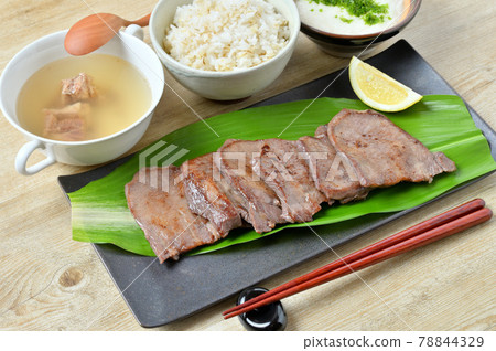 Local cuisine, local gourmet, Sendai beef tongue. Barley rice (tororo soup) and beef tail soup. Beef tongue set meal. 78844329
