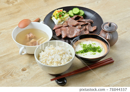 Local cuisine, local gourmet, Sendai beef tongue. Barley rice (tororo soup) and beef tail soup. Beef tongue set meal. Local cuisine, local gourmet, Sendai beef tongue. Barley rice (tororo soup) and beef tail soup. Beef tongue set meal. 78844337